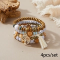 Bohemian style 4pcs set multi-layer wood beaded bracelet with tree of life and beige tassel - Four-Piece Set / Beige