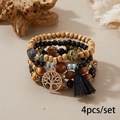 4pcs bohemian stretch wood bead bracelet set with tree of life charm and black tassel - Four-Piece Set / Black