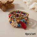 Bohemian multilayer wood bead bracelet set with tree of life charm and red tassel pendant - Four-Piece Set / Multicolor