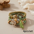 4pcs Bohemian multi-layer stretch bracelet set with wood beads and tree of life charm - Four-Piece Set / Olive Green