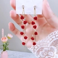 Elegant red rose long tassel earrings with sparkling rhinestones and S925 silver needles - Red Rose Long Style