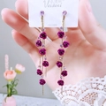 Elegant long purple rose drop earrings with tassel and rhinestones on card - Purple Rose Long Style