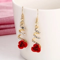 Elegant gold drop earrings featuring red rose pendants and rhinestone spiral fringe - Rose Flower Spiral Long