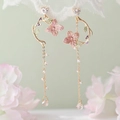 Pink enamel flower earrings with heart zircon, gold chain and pearl fringe tassels - Asymmetric Flower Long Tassel