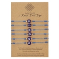 Set of 6 blue string evil eye luck bracelets with 7 knots on a kraft paper card display - Blue