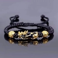 Handcrafted black rope bracelet with golden Pixiu charm and hollow beads for good luck - Black Rope Single Gold PiXiu
