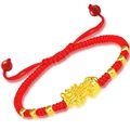 Handcrafted red braided string bracelet featuring a gold PiXiu charm and golden beads - Red Rope Single PiXiu