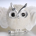Silver owl brooch featuring white pearls and black gemstone eyes on a metal branch - Silver