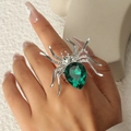 Anello ragno gotico con gemma verde a goccia e dettagli in piccoli diamanti - Aperto Regolabile / Argento / Verde