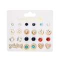 Detailed view of 12 pairs of fashion earrings including hearts and flowers on card - Blue Zircon Flower Bow Style (ER23Y0816-9)