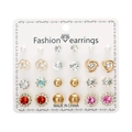 12-pair floral and heart earring set with pearls and rhinestones on display card - Pink Red Pearl Hollow Flower Style (ER23Y0816-4)