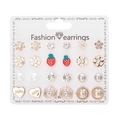 12-pair floral and strawberry stud earring set with gold finish and rhinestones - Sweet Floral Strawberry Style (ER23Y0816-1)