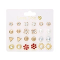 12 pairs of gold and silver earrings set featuring floral, heart and pearl studs on card - Red Flower Pearl Sunflower Style (ER23Y0816-2)