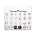 Set of 12 pairs of silver earrings with heart, daisy and black rose charms on card - Silver Black Enamel Daisy Style (ER23Y0816-6)