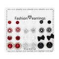 12 pairs of stud earrings set featuring flowers hearts and crystals on card - Red Rhinestone Bow Rose Style (ER21Y0531-4)