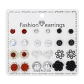 12-pair earring set featuring floral, heart, and pearl studs on a white card display - Black White Pearl Orange Rose Style (ER21Y0531-5)