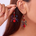 Gothic spider drop earrings with rainbow coating and red crystal for Halloween - Red