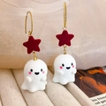 Cute Halloween ghost drop earrings with red flocked star and gold hooks for women - Red Flocking Pentagram Ghost Hook (ER24Y0532)