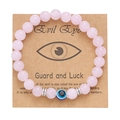 Pink evil eye beaded bracelet with 8mm translucent beads on a kraft display card - Light Pink Glass Beads (BR24Y0308-3)