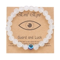 Evil Eye beaded bracelet with matte white glass beads and silver accents on kraft card - Frosted White Glass Beads (BR24Y0308-5)