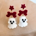 Halloween ghost earrings with red flocked stars and bows for a festive holiday look - Red Flocking Star Bow Ghost (ER24Y0530)