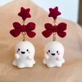 Ghost earrings with wine red velvet bow and star, perfect for Halloween festive outfits - Dark Red Flocking Star Bow Ghost (ER24Y0531)