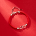 Red braided rope heart bracelet with two linked silver hearts and lobster clasp - Red Rope With Silver Heart