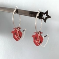 Silver hoop earrings with anatomical red heart pendant and miniature knife charm - Silver Ring Anatomical Heart Knife (ER24Y0537)