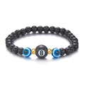 Elastic beaded bracelet with 8mm black beads, blue evil eye motifs, and lucky number 8 charm - No. 8 Ball Evil Eye Style (BR24Y0531-2)