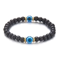 8mm black hematite beaded bracelet featuring blue evil eye charms and gold spacers - Black Bead Double Evil Eye Style (BR24Y0531-4)