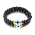 Blue Evil Eye 8mm black stone bead bracelet set with gold metal accents - Double Layer Black Bead Evil Eye Style (BR24Y0531-6)