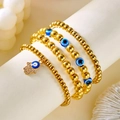 Gouden kralenarmbandenset met blauwe boze oog-bedeltjes en hamsa-handhanger - Vier Laags Goud Hand van Fatima Stijl (BR24Y0532-1)