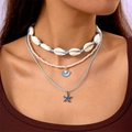 Dreilagiges Boho-Halsketten-Set mit Seestern-, Perlen- und blauen Muschelanhängern - Blau (NC25Y0073-3)