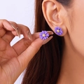 Fashionable purple daisy stud earrings with matte petals and golden textured center - Short Stud Earrings Purple