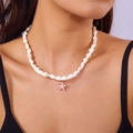 Fashion choker necklace with natural white shells and a pink starfish pendant detail - Pink Starfish Style (NC25Y0121-2)
