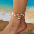 Detailed view of beach anklet set featuring starfish and shell charms with white seed beads - Three-Piece Set / Gold White Pearl Starfish Style (AK25Y0044)