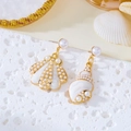 Asymmetric gold shell and conch earrings with white pearl and mother of pearl inlay - Pink