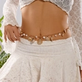 Bohemian gold waist chain with sea shells and white pearls for beach vacation - Pearl Embellished Ocean Style Waist Chain (BJ26Y0031)