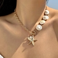 Detail of bohemian gold necklace with natural spiral shells and a starfish pendant - Gold Chunky Chain Spiral Shell Starfish Style (NC25Y0356-6)