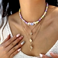 Detail of multi-layer gold necklace set featuring ocean charms and colorful clay beads - Multicolor Clay Turtle Shell Coconut Style (NC25Y0308)