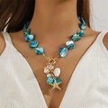 Ocean style blue shell and starfish necklace with gold chain and beaded accents - Blue Shell Slice Multi-Element Pendant Style (NC25Y0356-8)