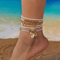 Bohemian multi-layer anklet set with white beads, starfish and golden shells - Multi-layer White Gold Shell Starfish Style (AK25Y0051)