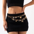 Bohemian gold layered waist chain with starfish, shells, and pearls on a model - Multi-Layer Ocean Pendant Pearl Style (BJ25Y0123)