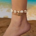 Bohemian double-layer anklet with white seashells and starfish on a woven cord - Two-Piece Set / Double Layer Woven Starfish Shell (AK25Y0055)