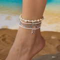 Bohemian multilayered anklet set with starfish, sea turtle charms and white seed beads - Five-Piece Set / White Silver Turtle Starfish Shell (AK25Y0056)