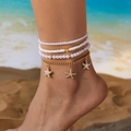 Pink pearl and starfish multi-layer anklet set for summer beach vacations - Four-Piece Set / Pink White Pearl Starfish Charm (AK25Y0057)