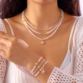 Bohemian layered necklace and bracelet set with white beads, gold starfish and sea shells - Starfish Necklace and Bracelet Set (White Beads-NC25Y0175) / Silver