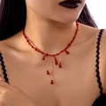 Red crystal beaded choker necklace with gothic blood drop fringe on female model - Blood Drop Tassel Number Two Style (Gold Chain) / Red