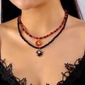 Dubbellaagse Halloween kralenketting met rood oog en zwarte spookhanger - Rood Zwart Rocaille Kralen En Oogbal Geest Stijl (NC25Y0619)