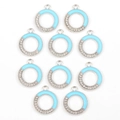 10er-Set runde Anhänger aus Silberlegierung mit blauer Emaille und Kristallen für Schmuck - Weißes K - Blau